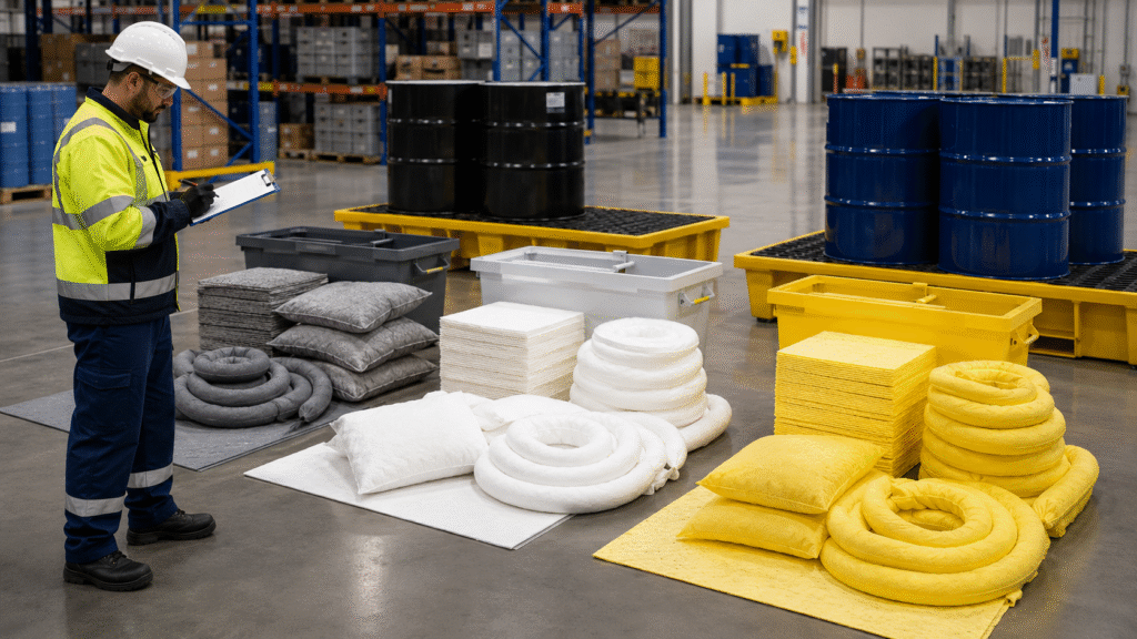Safety professional inspecting universal, oil-only and chemical spill absorbents in an industrial warehouse.